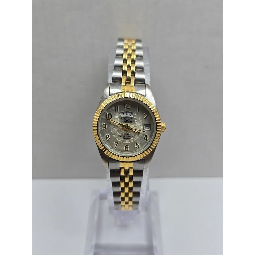 Prestige By Waltham Womens Two Tone Gold Day Date Quartz Dress Watch New Battery